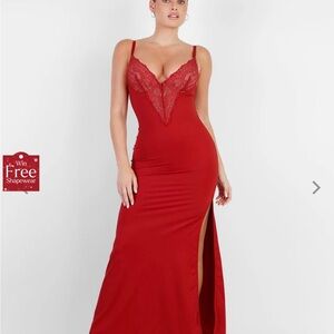 Popilush Shapewear Lace V Neck Side Slit Slimming Maxi Slip Dress